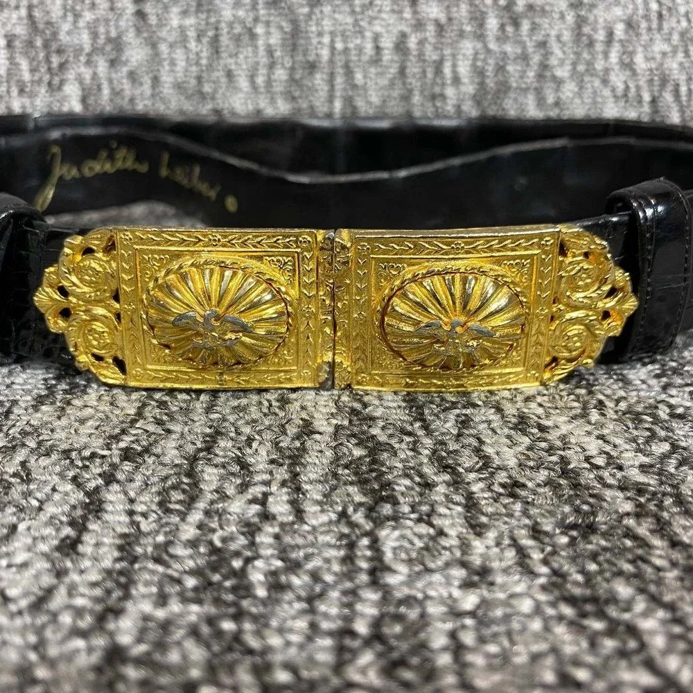 Judith Leiber Crocodile Belt Womens Large Black Gold Ornate Eagle Buckle Vintage